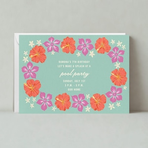 Uitnodiging zwembadfeest | Grafisch | Kinderverjaardag, bloemen, Hawaï, krans, paars | Aanpasbare sjabloon papierloze post | Direct downloaden