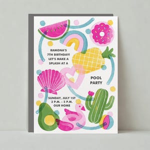 Papierloze post aanpasbare sjabloon uitnodiging poolparty | Illustratief | Kinderverjaardag, zwemmen, donut, biljarten, avocado's | Direct downloaden