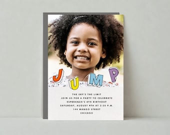 Kids Birthday Party Invitation | Photo, Jumps, Jumping, Trampolines, White |Paperless Post Customizable Template | Instant Download