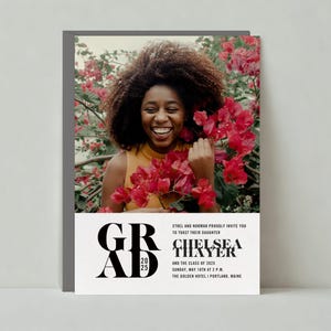 Plantilla de invitación para fiesta de graduación personalizable sin papel / Foto, Graduación, Negro, Moderno, Tipografía, Foto / Descarga instantánea