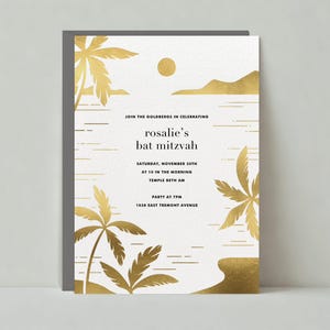 Papierloze post aanpasbare sjabloon voor bar- en vleermuis mitswa-feest | Grafisch | Strand, oceaan, zon, palmboom | Direct downloaden