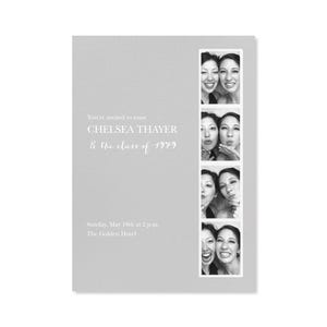 Invitación moderna para fiesta de graduación, con diseño de película, fotografía y fotomatón, plantilla personalizable para publicación sin papel, descarga instantánea.
