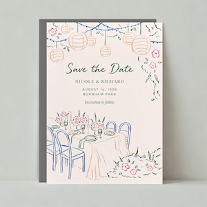 Papierloze post aanpasbare bruiloft-save-the-date-sjabloon | Romantisch | Papieren lantaarn, illustratie, tafeldecor | Direct downloaden