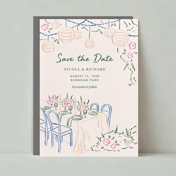 Paperless Post Customizable Wedding Save The Date Template | Romantic | Paper Lantern, Illustration, Table Setting | Instant Download