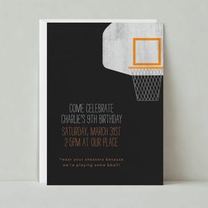 Invitación para fiesta de cumpleaños infantil / Juegos, baloncesto, redes, negro / Plantilla personalizable sin papel / Descarga instantánea