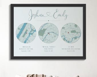 Hello Will You I Do Map, Custom Wedding Map, Personalized Engagement Gift, Romantic Keepsake, Anniversary Milestone Artwork