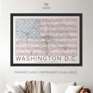 Patriottische kunst in Washington DC | Kaart met Amerikaanse vlag, hoofdstad | Decor Amerikaanse geschiedenis | National Pride-afdruk