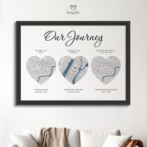 Unsere Reise Karte Print | Personalisierter Rahmen für Dreifach Herz | Paar Liebesgeschichte Geschenk | Beziehungsmeilensteine Art