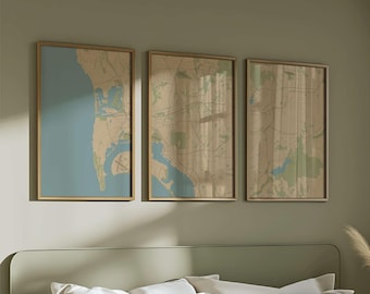 Personalized City Map Triptych: Modern Urban Wall Art