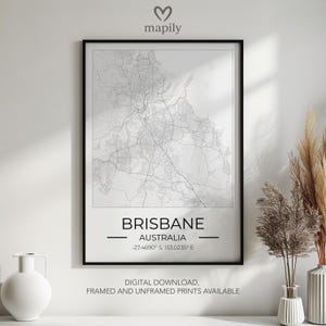 Framed Brisbane Map Print: Custom City Location, Minimalist Home Decor