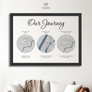 Paar Liebesgeschichte Karte | Personalisierter Dreifach Standort Kreis Rahmen | Unsere Reise Geschenk | Beziehungs-Meilensteinen Druck