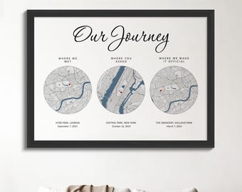 Mapa de ubicación triple personalizado, historia de amor de pareja, regalo de aniversario, recuerdo romántico, impresión de hitos de la relación