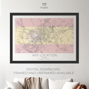 Spaanse stadskaart poster patriottisch decor, aangepaste stadsplattegrond, geboorteplaats trots, locatie kunst, cadeau-idee Spanje