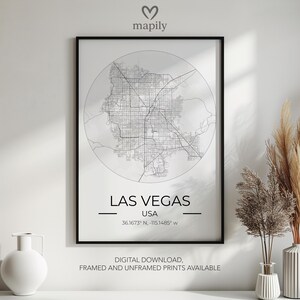 Impression encadrée ville de Las Vegas | Plan de Las Vegas élégant pour les studios et les bureaux | Affiche de style exécutif de la ville de Las Vegas
