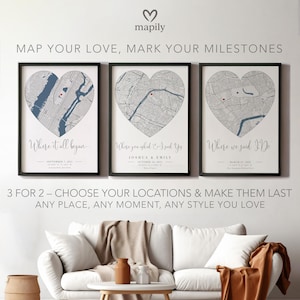 Wo alles begann Kartenset | 3 für 2 Angebot | Personalisierte Triple Lage Drucke | Map Deine Liebe Markiere Deine Meilensteine | Farbenfrohe Kunst