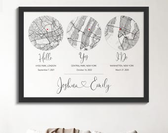 Mapa personalizado de historia de amor de pareja, recuerdo de triple ubicación