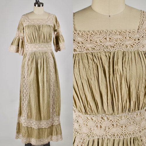 Vintage 1970s Oatmeal Crochet Cottagecore Corrugated Dress | Vintage Prairie Dress | 70s Gunne shops Sax Style Dress | Size Extra Extra Small