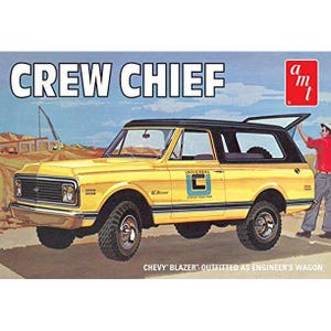 May include: A vintage illustration of a yellow Chevy Blazer, labeled "Crew Chief." The vehicle has a black top and is marked with "Universal Construction." The text "Chevy Blazer - Outfitted as Engineer's Wagon" is also present.