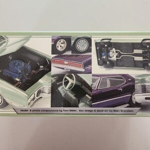 May include: A model car kit box with multiple images of a classic car. The images show the car's engine, wheels, interior, and exterior. The box is green and white with text at the bottom.