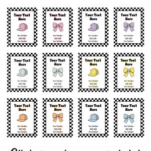 May include: A collection of twelve square designs with a black and white checkered border. Each design features a hat or bow illustration in various colors, with the text "Your Text Here" and "2025-2026". The phrase "All designs shown are included" is at the bottom.