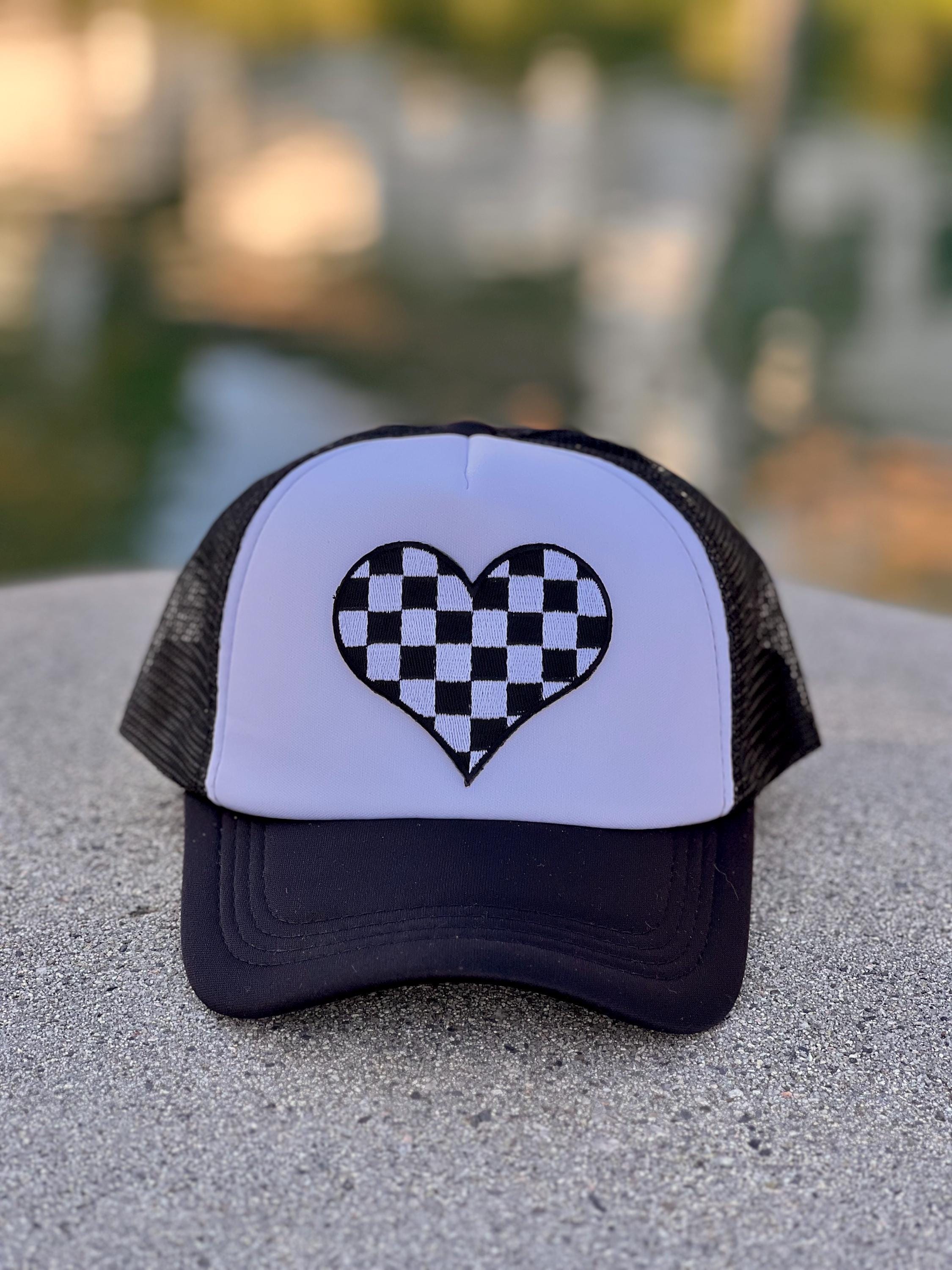Checkered Heart Patch Hat, Black Trucker Hat, Checkered  display picture 2