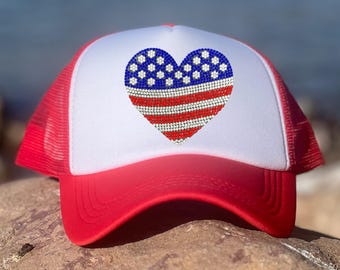 Patriotic trucker hat, Rhinestone Patriotic Hat, 4th of july trucker hat, Patriotic hat, Trucker Hat, Trendy Gift for Her, Woman's Trucker