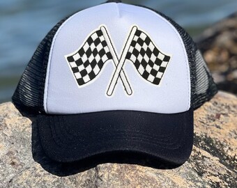Youth Checkered flag patch hat, Youth Checkered trucker hat, Youth off-road trucker hat, Checkered flag Hat, Youth Race Day Trucker Hat