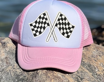 Youth Checkered flag patch hat, Youth Checkered trucker hat, Youth off-road trucker hat, Checkered flag Hat, Youth Race Day Trucker Hat