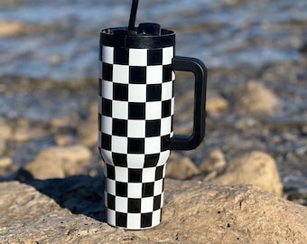 Checkered Stainless Steel 40 oz Tumbler with Handle, Stainless Steel Tumble, Insulated Tumbler, Black and white checkered, 40 oz tumbler