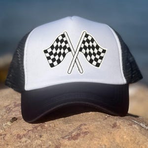Checkered flag patch hat, Checkered trucker hat, Checkered decal hat, off-road trucker hat, Checkered flag Hat, Race Day Trucker Hat