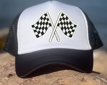 Checkered flag patch hat, Checkered trucker hat, Checkered decal hat, off-road trucker hat, Checkered flag Hat, Race Day Trucker Hat