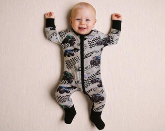 Bamboo Baby Pajamas, Convertible Zipper Footie, Bamboo Sleeper, Bamboo Zipper Romper, Baby Shower, Baby Shower Gift, Monster Truck Pajamas