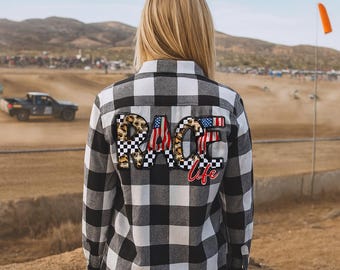 Women's Race Life Flannel Shirt – Buffalo Plaid, Checkered Flag, Leopard Print, Checker Flannel shirt, Women's Flannel Shirt