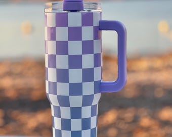 Vaso de acero inoxidable a cuadros de 40 oz con asa, vaso de acero inoxidable, vaso térmico, vaso a cuadros morados con degradado, vaso de 40 oz