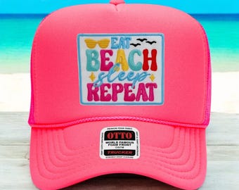 Eat Beach Sleep Repeat Trucker Hat, Summer Beach Hat, Beach Day Accessory, Trucker Hats for Women, Beach Trucker Hat,Custom Made Trucker Hat