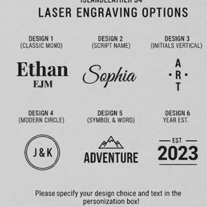 May include: Image showcasing laser engraving options from IslandLeather34. Designs include classic mono, script name, initials, modern circle, symbol & word, and year est. Text examples include "Ethan", "Sophia", "J&K", and "ADVENTURE".