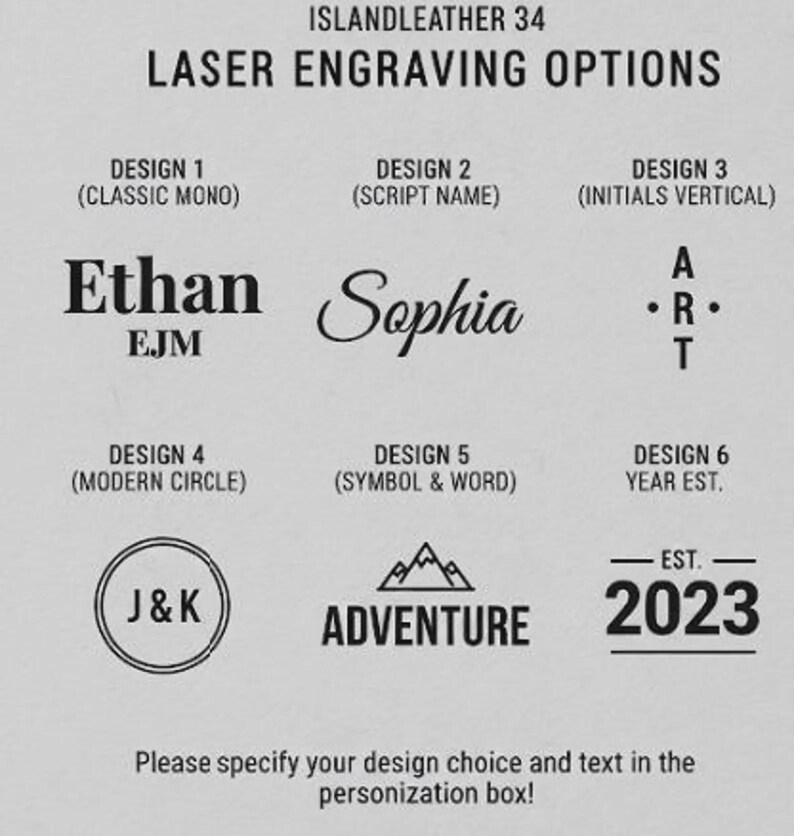 May include: Image showcasing laser engraving options from IslandLeather34. Designs include classic mono, script name, initials, modern circle, symbol & word, and year est. Text examples include "Ethan", "Sophia", "J&K", and "ADVENTURE".