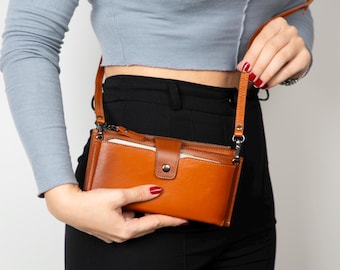 Cognac Brown Leather Crossbody Phone Wallet, Minimalist Cell Phone Purse, Mother's Day Gift for Her, Personalized Vintage Wallet with Strap