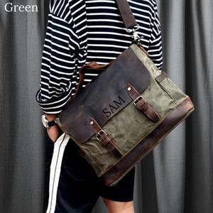 Personalized Waxed Canvas Messenger Bag Men Satchel Briefcase  Laptop Bag Crossbody Bag Canvas Shoulder Bag Laptop Bag Unique Christmas Gift