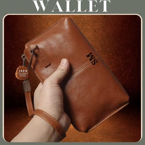Bolso de mano de cuero para hombre, cartera de cuero, cartera con cremallera larga, tarjetero, bolso para teléfono móvil, tarjetero, cartera de mano, regalo para él