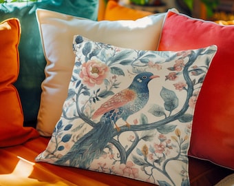 Chinoiserie Toile Pillow, Grandmillenial Decor, Hamptons Pillows, Birds Floral Pillow, Toile Aesthetic, leave pillowcase, toile de jouy