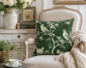 Green Bird Toile De Jouy Square Pillow, Toile Throw Pillow, cushion cover sham, fixer upper, modern farmhouse, pattern cushion