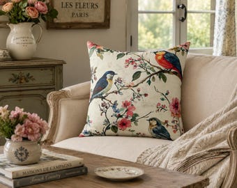 Chinoiserie Bird Pillow, Chioiserie Style, Leave Pillowcase, Grandmillenial Decor, Birds Floral Pillow, Toile Aesthetic, French-Inspired