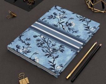Inbunden skrivjournal för kvinnor | Blommig tacksamhetsjournal med blå moderna ränder | Toile drömjournal | Gästbok | Toile anteckningsbok