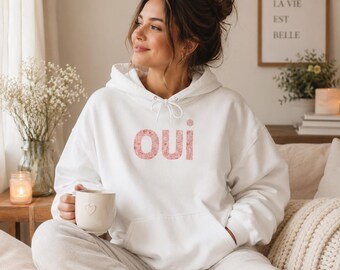 Oui French Toile De Jouy Hooded Sweatshirt, French Saying Shirt, Pink Toile, French T Shirt, Comfy Sweatshirt, Cute Fall Sweatshirt