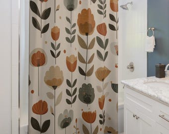 Boho Botanical Floral Shower Curtain, Floral Bath Decor, Mid Century Bathroom, Shower Curtains, Retro Shower Curtain, Bohemian Shower