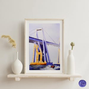 May include: Watercolor painting of a bridge with blue and yellow supports, a red boat, and a light blue sky. The artwork is framed in a light wood frame and displayed on a white shelf with decorative vases.