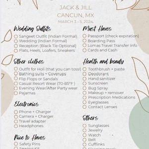 May include: A checklist for a trip to Cancun, Mexico, with sections for wedding outfits, other clothes, electronics, nice to haves, must haves, health and beauty, and others. The checklist includes items such as a passport, boarding pass, sunscreen, bug spray, and a sewing kit.