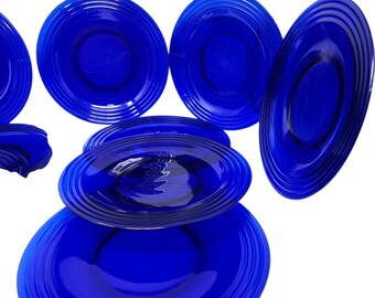 Bormioli Rocco Forum 12 Saphir Ribbed Cobalt Blue Glass Salad Plates 10.5"