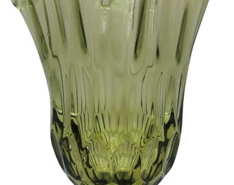 Vintage Fenton Avocado Green Art Glass Swung Handkerchief Ruffle Pedestal Vase